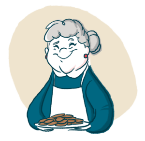 Illustration of a grandma-figure smiling and holding a tray of cookies.