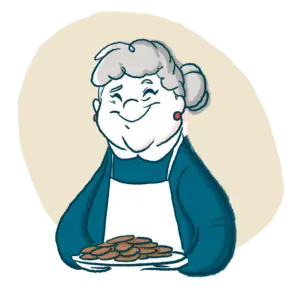 Illustration of a grandma-figure smiling and holding a tray of cookies.