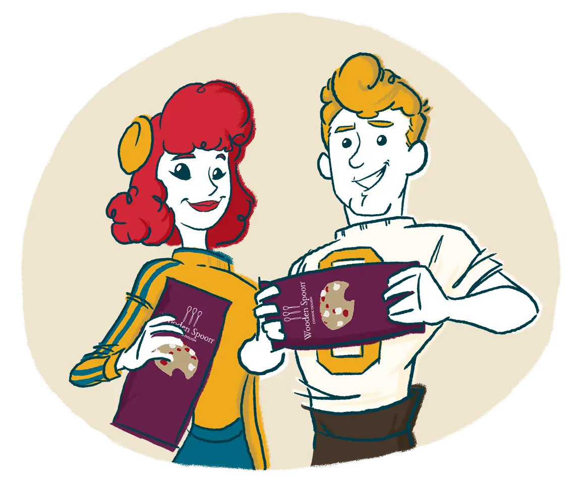 Illustration of two teens, a boy and a girl. They're each holding a cookie dough package.