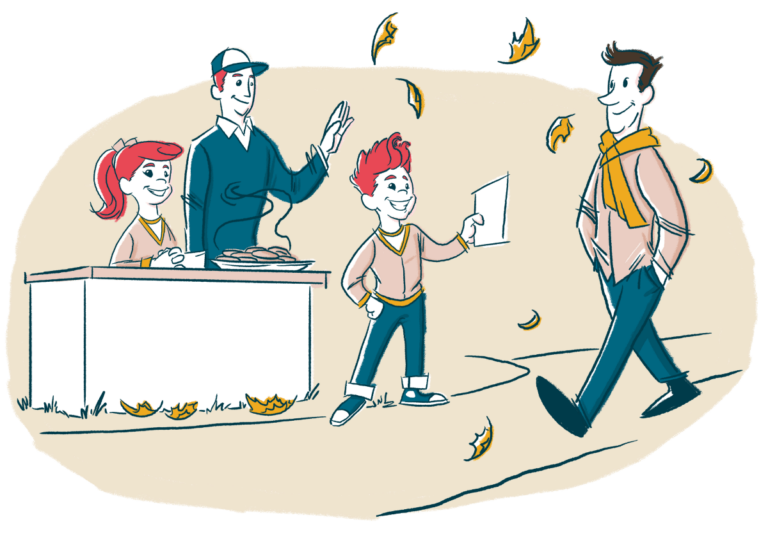 Illustration of two kids, a boy and a girl, with their dad at a stand selling Wooden Spoon Cookie Dough for a fundraiser. Another man is walking by the stand.