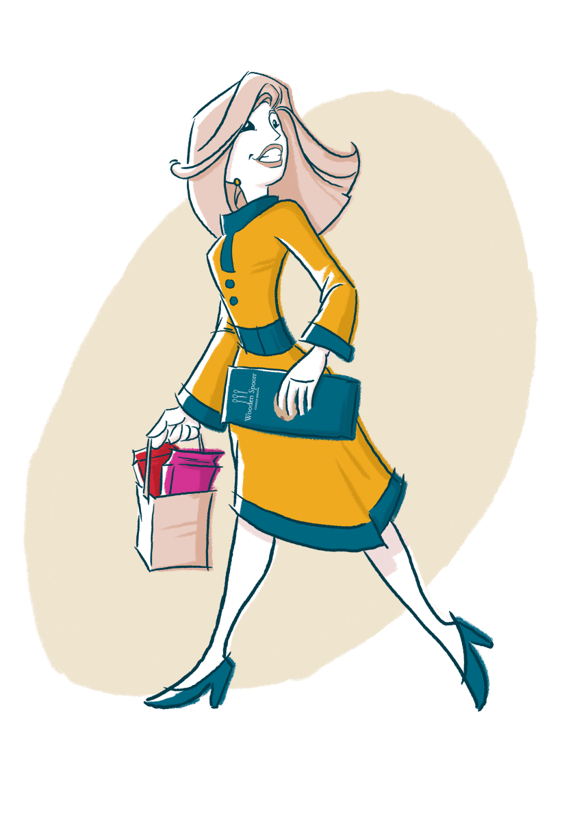 Illustration of a woman walking while holding a bag with two cookie dough packages. She'd holding another Wooden Spoon Cookie Dough package in her hand.
