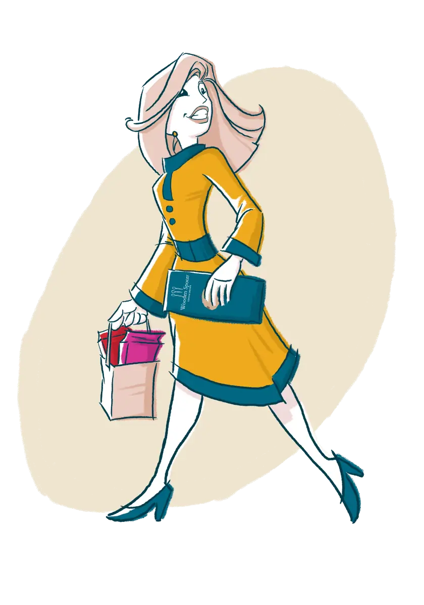 Illustration of a woman walking while holding a bag with two cookie dough packages. She'd holding another Wooden Spoon Cookie Dough package in her hand.
