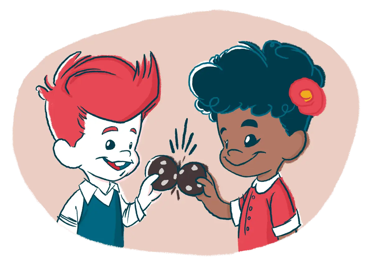 Illustration of two kids, a b oy and a girl. Each one is holding a cookie and tapping it against the other's cookie.