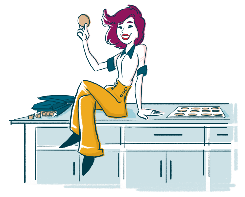 Illustration of a woman sitting on a kitchen island next to packages of Chocolate Chip Cookie Dough and a tray of baked cookies. She's holding a chocolate chip cookie from Wooden Spoon Cookie Dough in her hand.
