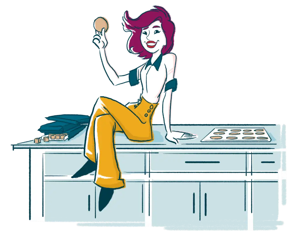 Illustration of a woman sitting on a kitchen island next to packages of Chocolate Chip Cookie Dough and a tray of baked cookies. She's holding a chocolate chip cookie from Wooden Spoon Cookie Dough in her hand.