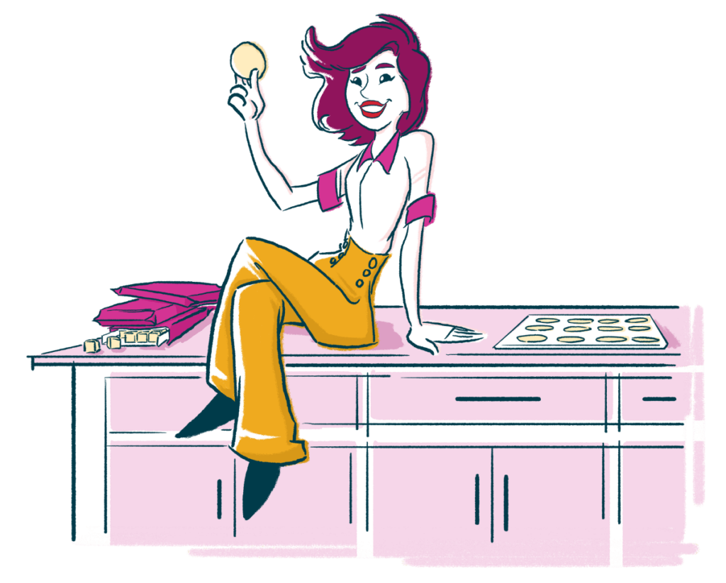 Illustration of a woman sitting on a kitchen island next to packages of Confetti Cookie Dough and a tray of baked cookies. She's holding a confetti cookie from Wooden Spoon Cookie Dough in her hand.