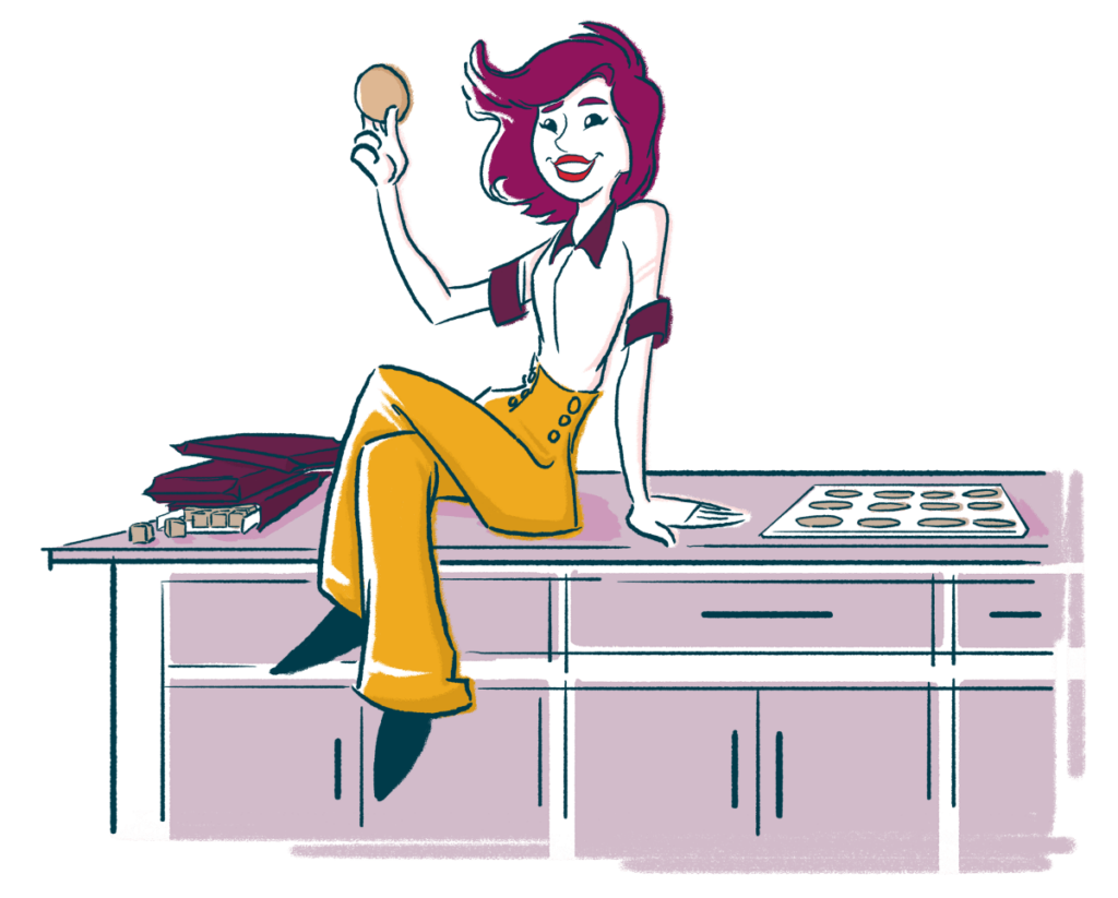 Illustration of a woman sitting on a kitchen island next to packages of Oatmeal Cranberry White Chunk Cookie Dough and a tray of baked cookies. She's holding an oatmeal cranberry cookie from Wooden Spoon Cookie Dough in her hand.