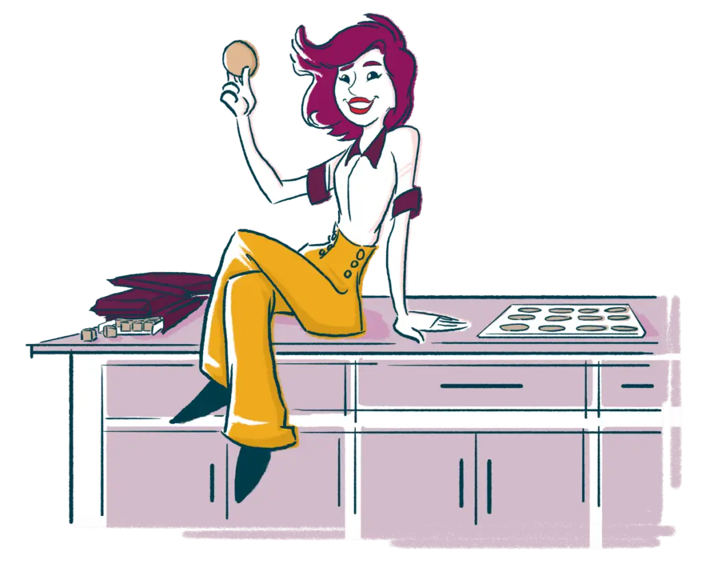 Illustration of a woman sitting on a kitchen island next to packages of Oatmeal Cranberry White Chunk Cookie Dough and a tray of baked cookies. She's holding an oatmeal cranberry cookie from Wooden Spoon Cookie Dough in her hand.