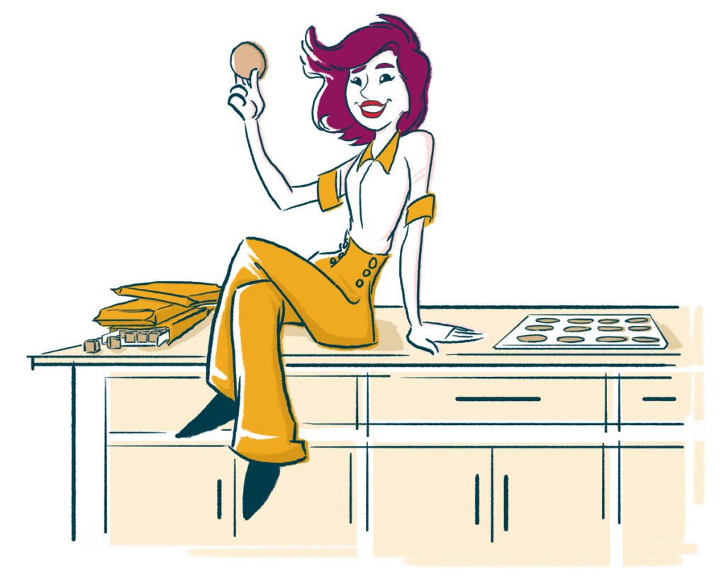 Illustration of a woman sitting on a kitchen island next to packages of Peanut Butter Cookie Dough and a tray of baked cookies. She's holding a peanut butter cookie from Wooden Spoon Cookie Dough in her hand.