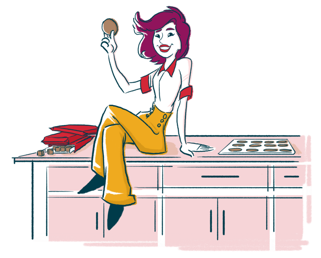 Illustration of a woman sitting on a kitchen island next to packages of Snickerdoodle Cookie Dough and a tray of baked cookies. She's holding a snickerdoodle cookie from Wooden Spoon Cookie Dough in her hand.