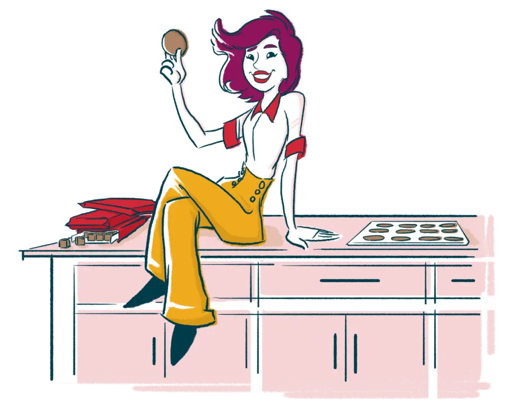 Illustration of a woman sitting on a kitchen island next to packages of Snickerdoodle Cookie Dough and a tray of baked cookies. She's holding a snickerdoodle cookie from Wooden Spoon Cookie Dough in her hand.