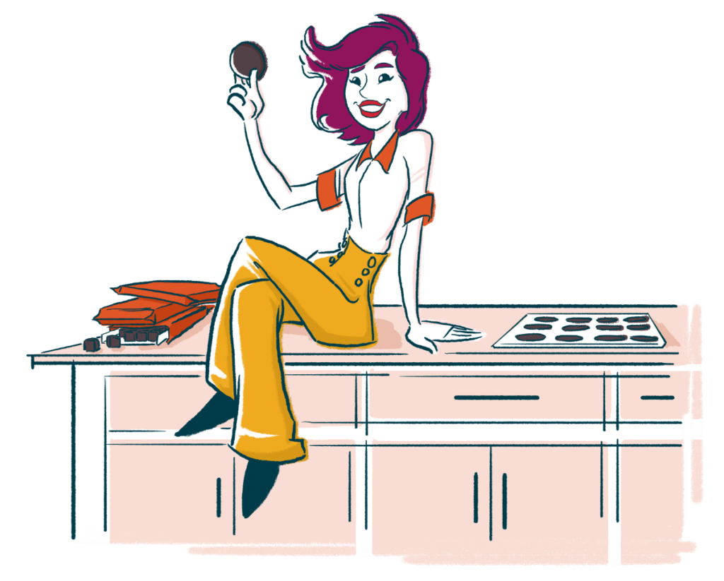 Illustration of a woman sitting on a kitchen island next to packages of Triple Chocolate Cookie Dough and a tray of baked cookies. She's holding a triple chocolate cookie from Wooden Spoon Cookie Dough in her hand.