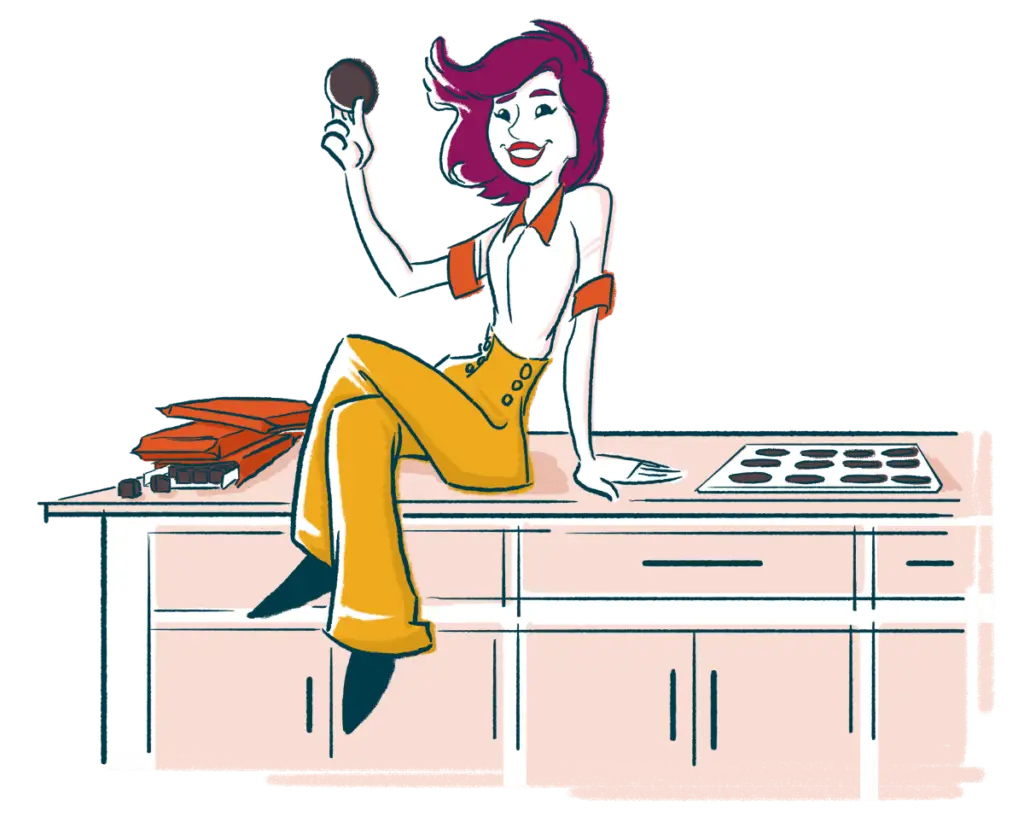 Illustration of a woman sitting on a kitchen island next to packages of Triple Chocolate Cookie Dough and a tray of baked cookies. She's holding a triple chocolate cookie from Wooden Spoon Cookie Dough in her hand.