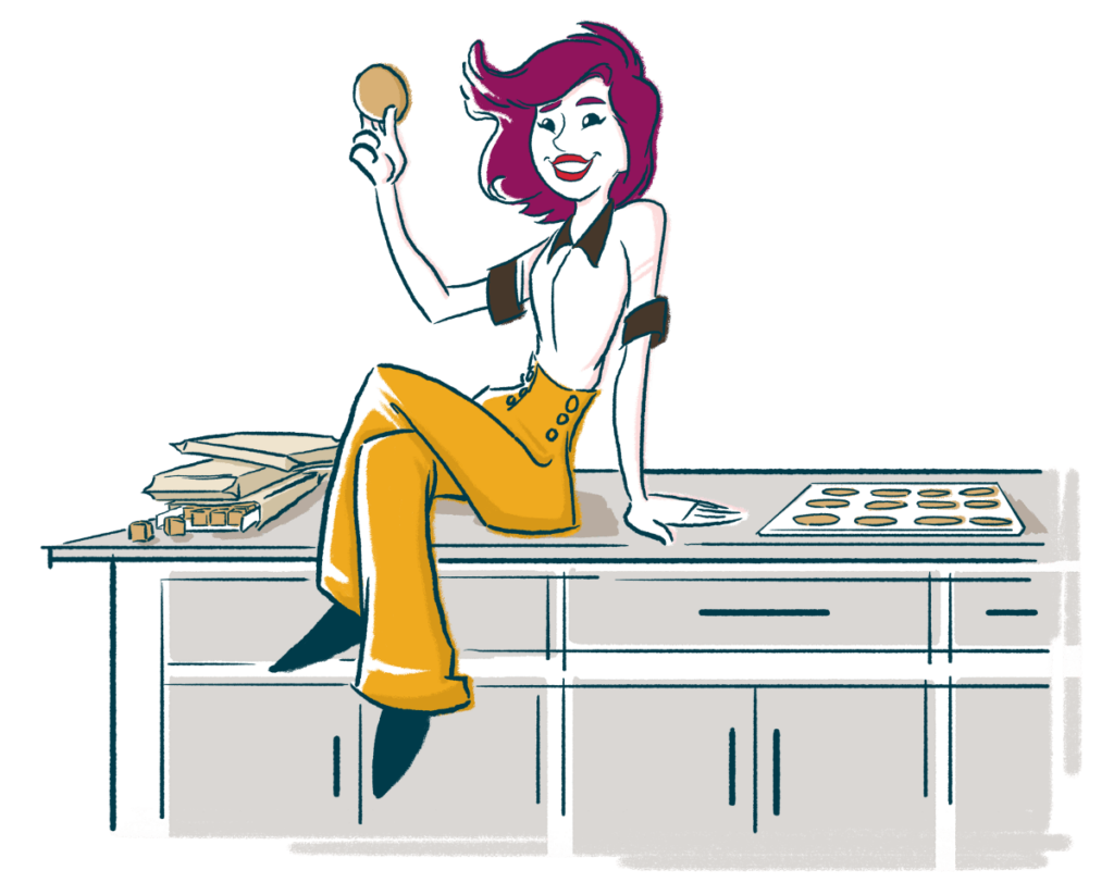 Illustration of a woman sitting on a kitchen island next to packages of White Chunk Macadamia Nut Cookie Dough and a tray of baked cookies. She's holding a macadamia nut cookie from Wooden Spoon Cookie Dough in her hand.