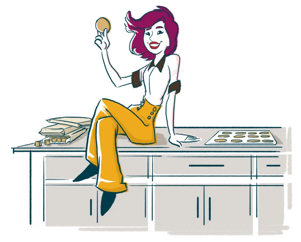 Illustration of a woman sitting on a kitchen island next to packages of White Chunk Macadamia Nut Cookie Dough and a tray of baked cookies. She's holding a macadamia nut cookie from Wooden Spoon Cookie Dough in her hand.