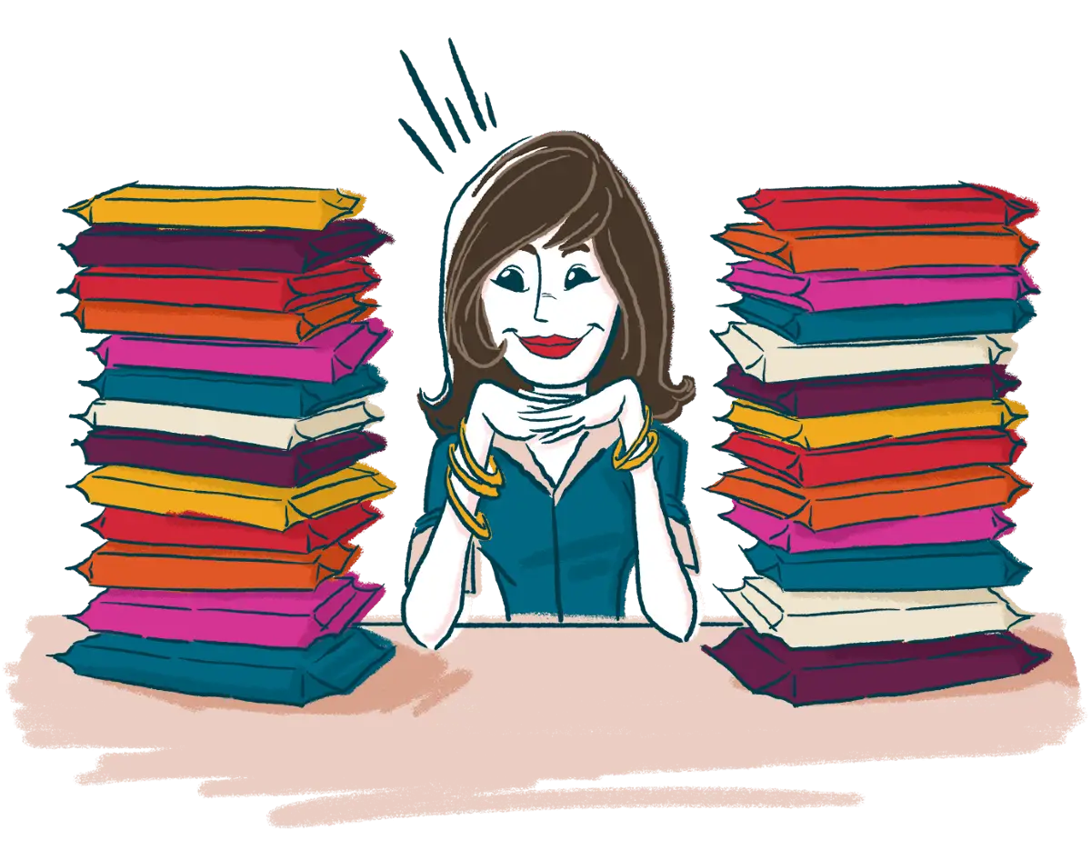 Illustration of woman sitting at a table with stacks of different colored cookie dough packages on each side of her.