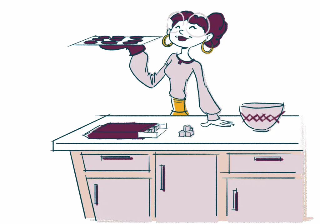 Illustration of woman standing behind a kitchen island holding a tray of freshly baked Oatmeal Cranberry White Chunk cookies. On the island is an open package of Oatmeal Cranberry White Chunk cookie dough, a bowl, and several cubes of cookie dough.