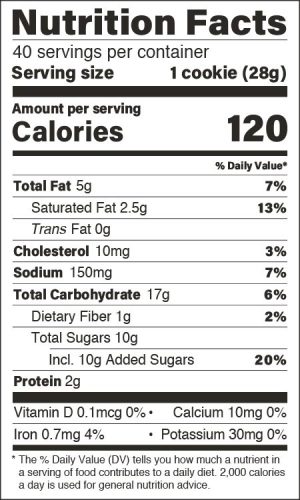 Chocolate Chip cookie nutritional panel