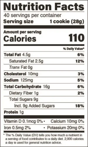 Oatmeal Cranberry cookie nutritional panel