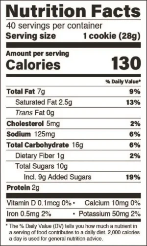 Peanut Butter cookie nutritional panel